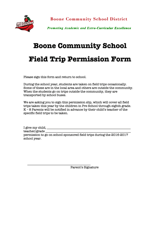 Boone Community School Field Trip Permission Form Printable pdf