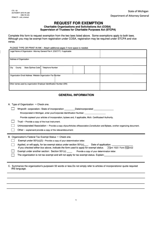 Fillable Request For Exemption - State Of Michigan Printable pdf