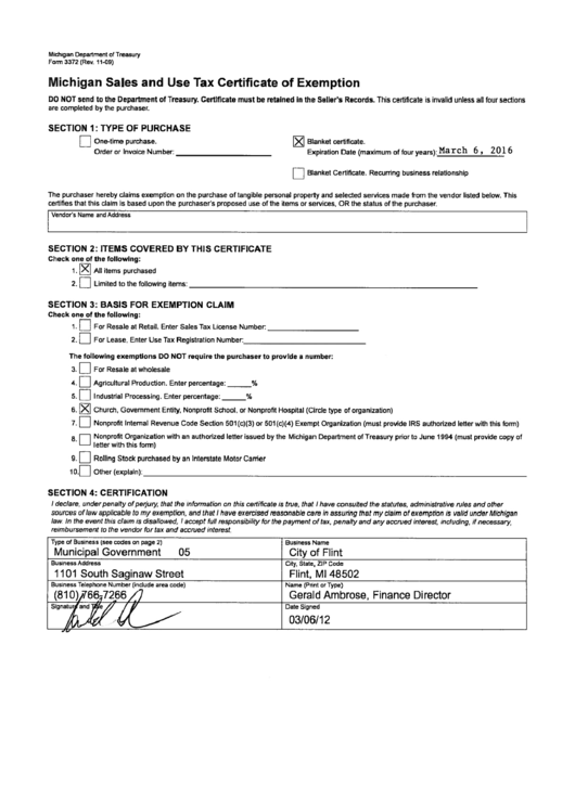 Michigan Sales And Use Tax Certificate Of Exemption - City Of Flint Printable pdf