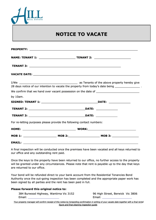 Notice To Vacate Form - Just Real Estate Printable pdf