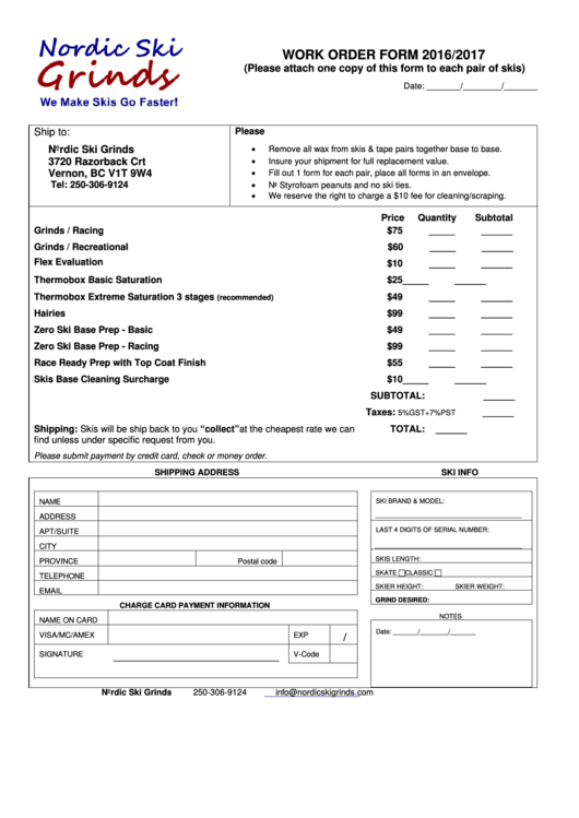 Work Order Form - Nordic Ski Grinds Printable pdf