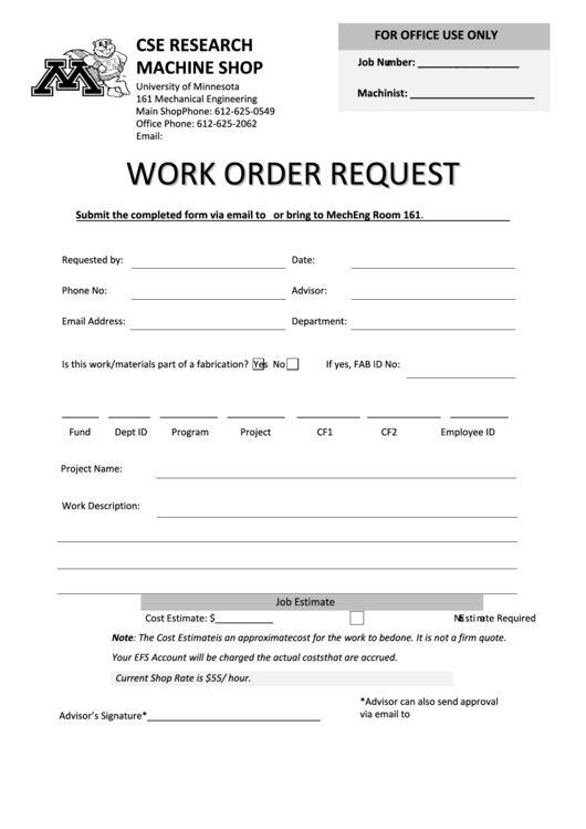 Fillable Work Order Request - University Of Minnesota Printable pdf
