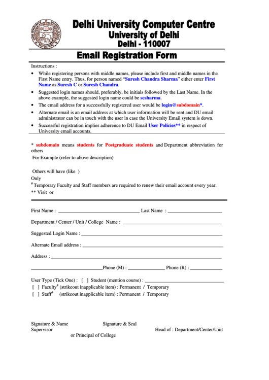 Email Registration Form Printable pdf