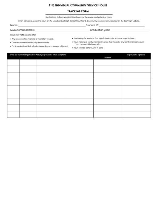 Ehs Individual Community Service Hours Tracking Form - East High School Printable pdf