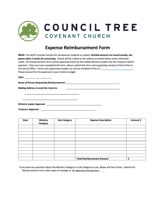 Expense Reimbursement Form - Council Tree Covenant Church Printable pdf