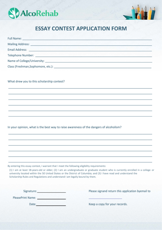Essay Contest Application Form Printable pdf