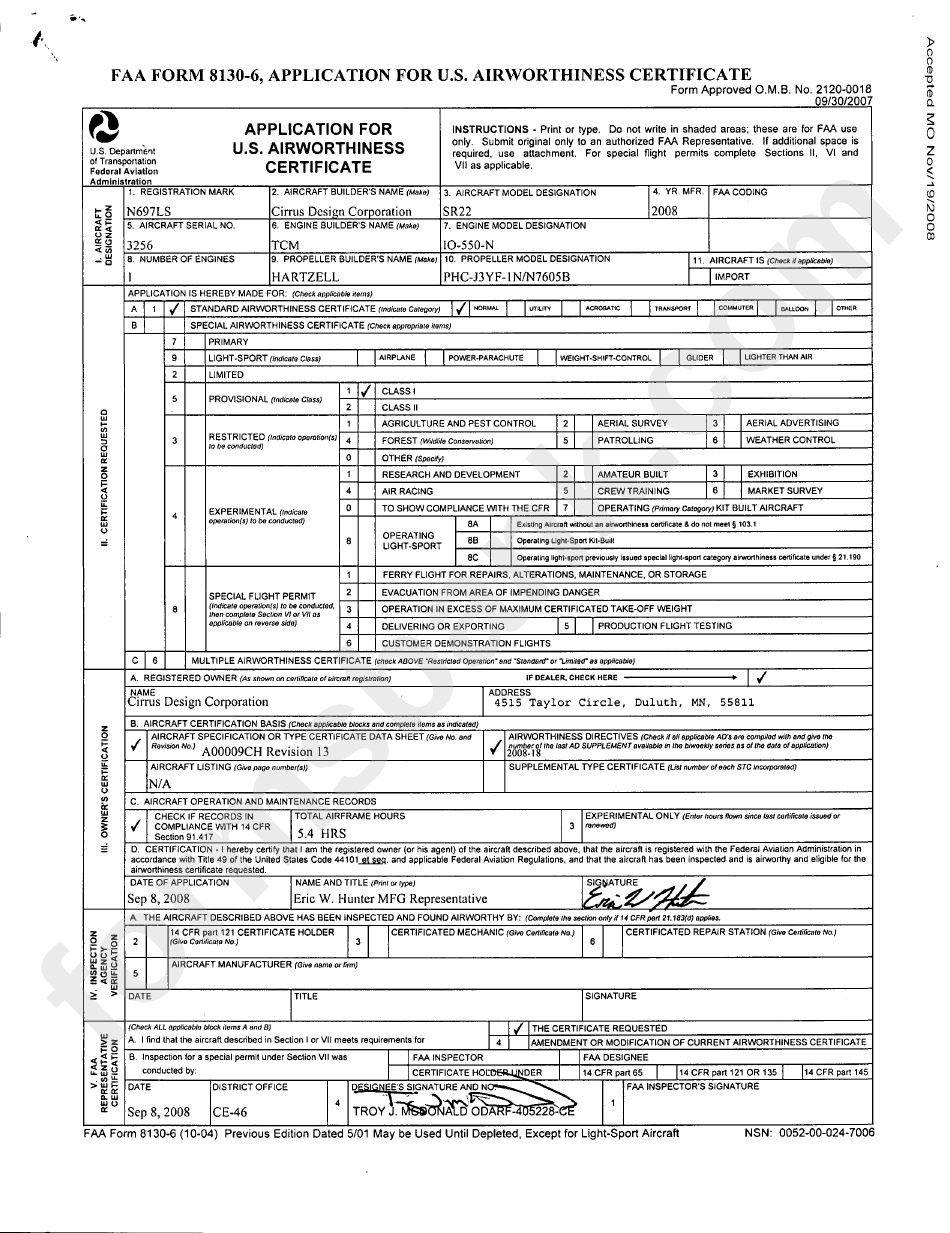Faa Form 81306, Application For Us. Airworthiness Certificate Wild