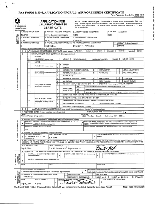 Faa Form 8130-6, Application For Us. Airworthiness Certificate - Wild Blue Printable pdf