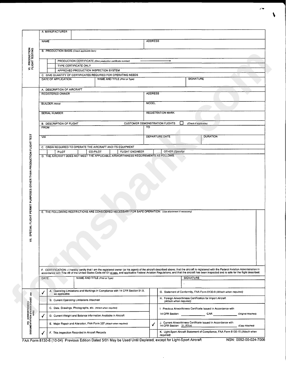 Faa Form 8130-6, Application For Us. Airworthiness Certificate - Wild Blue