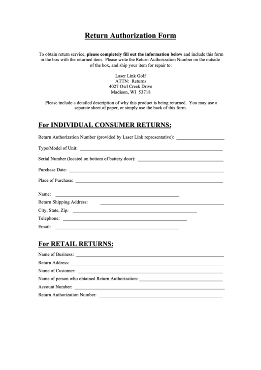 Return Authorization Form - Laser Link Golf Printable pdf