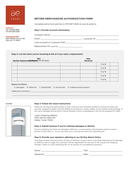 Fillable Return Merchandise Authorization Form Loloi Rugs printable