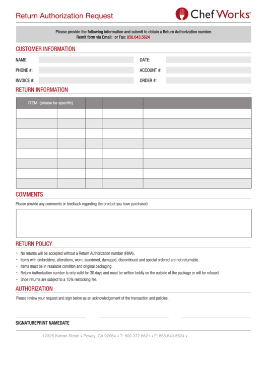Fillable Return Authorization Request - Chef Works Printable pdf