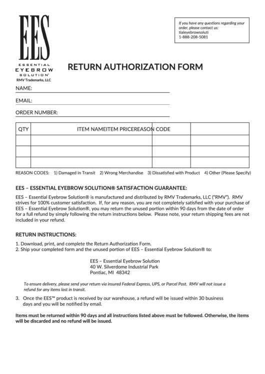 Return Authorization Form - Essential Eyebrow Solution Printable pdf