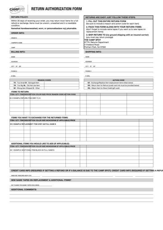 Return Authorization Form - The Camp Spot Printable pdf