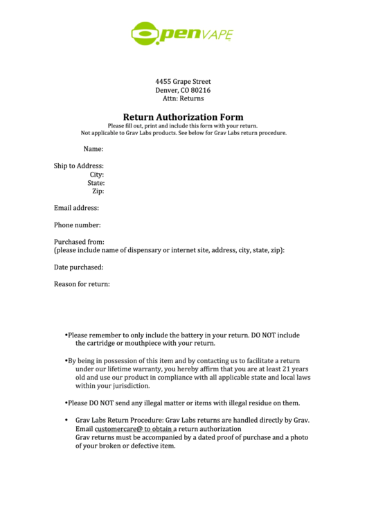 Return Authorization Form - O.penvape Printable pdf