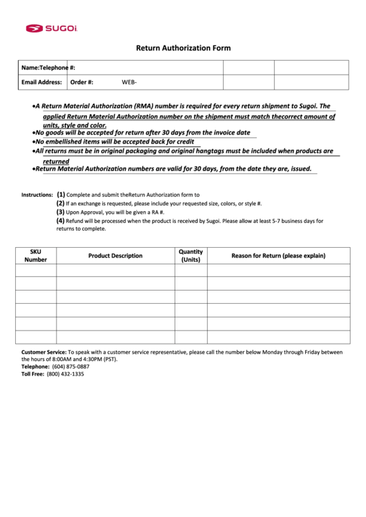 Fillable Return Authorization Form - Sugoi Printable pdf