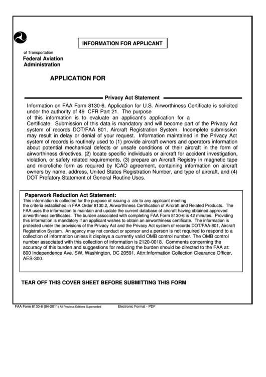 Fillable Application For Us Airworthiness Certificate - Faa Printable pdf
