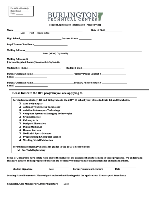 Student Application Information Printable pdf