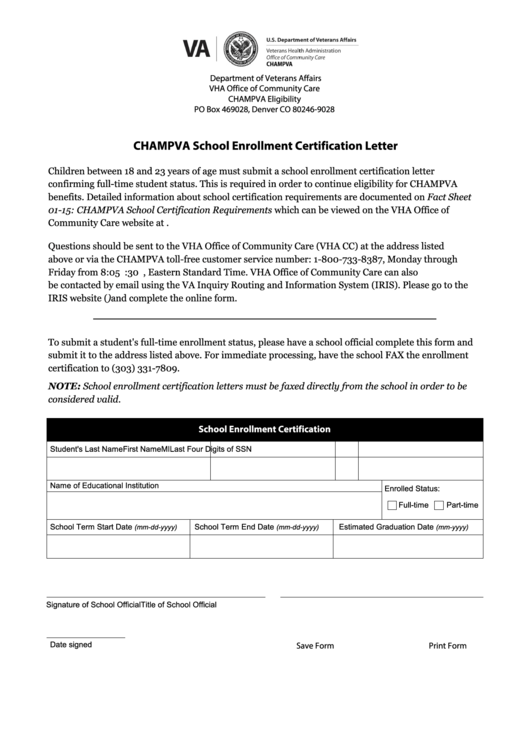 Champva School Enrollment Certification Letter Template