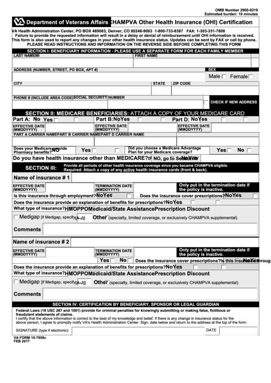 Fillable Va Form 10-7959c - Champva Other Health Insurance (Ohi) Certification Printable pdf