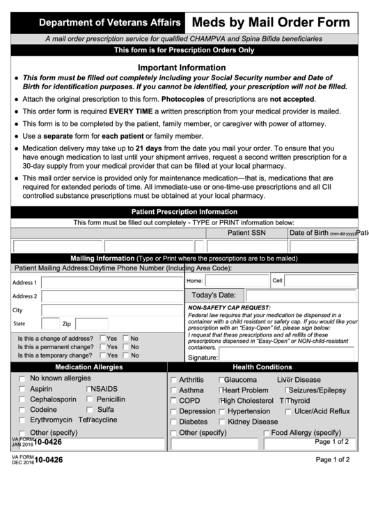 Fillable Va Form 10-0426 - Meds By Mail Order Form - Department Of Veterans Affairs Printable pdf