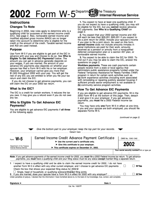 2002 Form W-5 - Department Of The Treasury Internal Revenue Service Printable pdf
