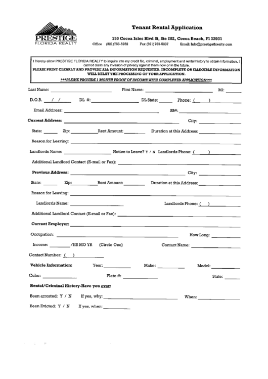 Tenant Rental Application - Prestige Florida Realty Printable pdf