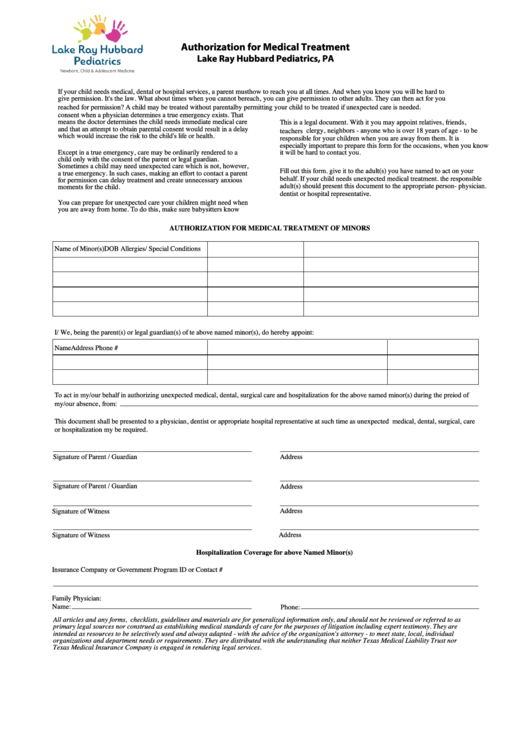 Authorization For Medical Treatment Form - Lake Ray Hubbard Pediatrics Printable pdf
