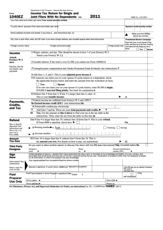 Fillable 2011 Form 1040ez - Income Tax Return For Single And Joint Filers With No Dependents Printable pdf