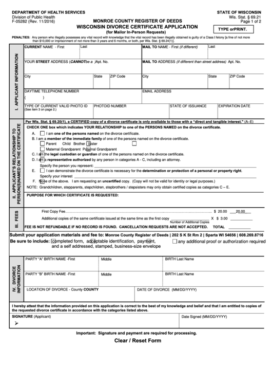 Fillable Wisconsin Divorce Certificate Application - Monroe County, Wisconsin Printable pdf