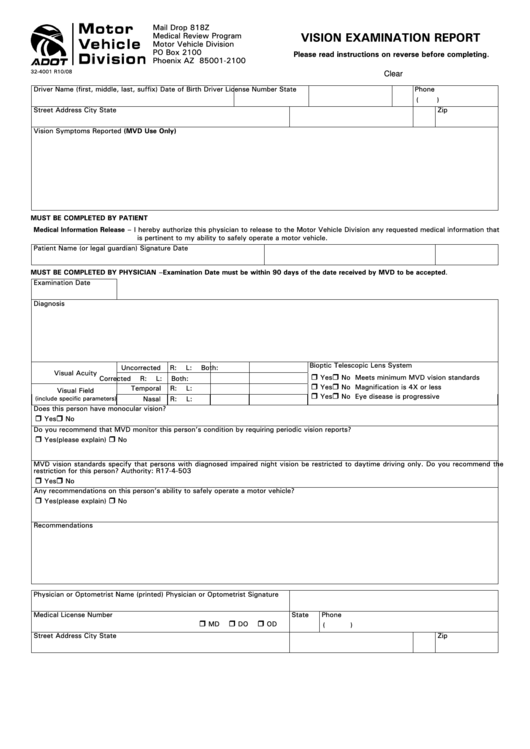 Fillable Form 32-4001 - Vision Examination Report Printable pdf