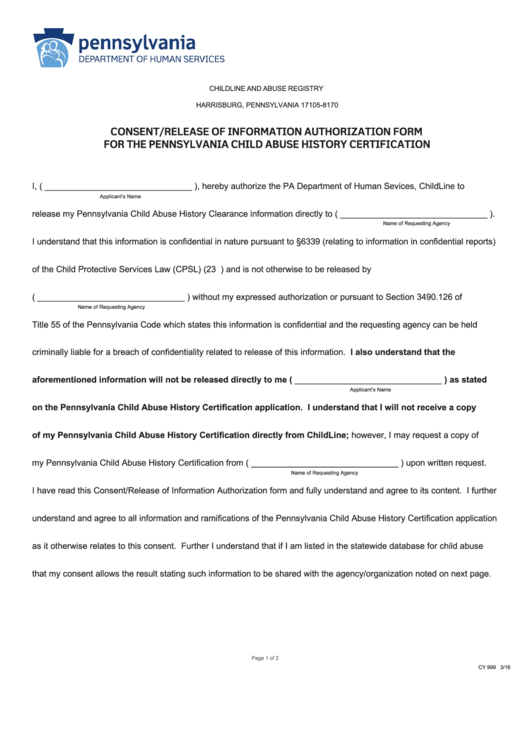 Pa Dhs Form - Consent/release Of Information Authorization Form For The Pennsylvania Child Abuse History Certification Printable pdf