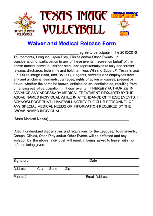 Waiver And Medical Release Form - Texas Image Sand Printable pdf