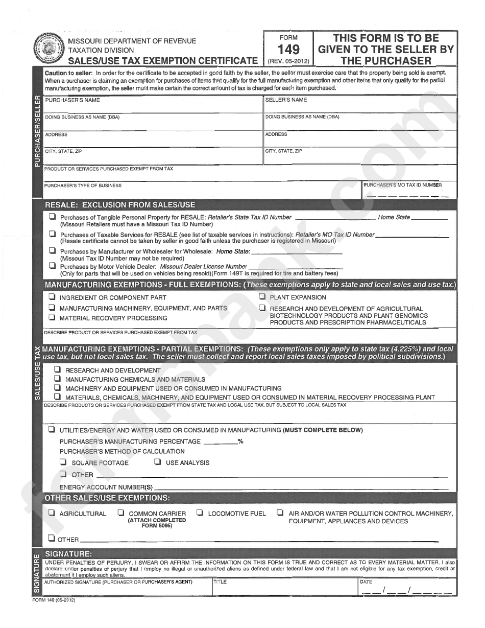 Missouri Department Of Revenue Form - Form 149 - Sales/use Tax Exemption Certificate
