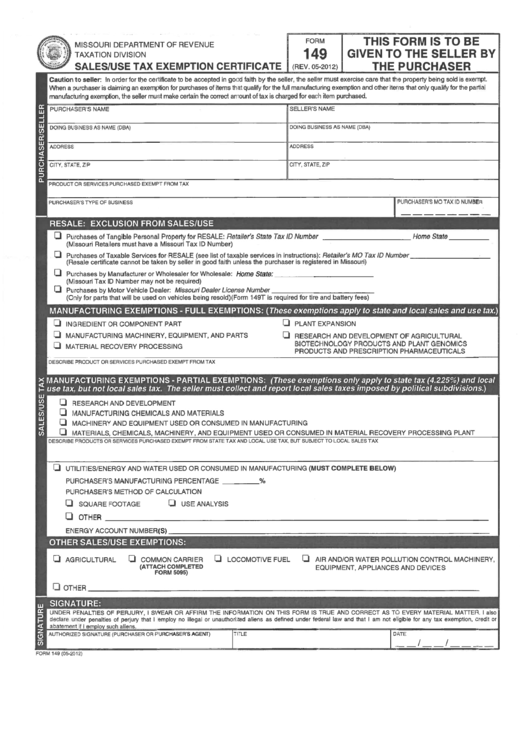Missouri Department Of Revenue Form - Form 149 - Sales/use Tax Exemption Certificate Printable pdf
