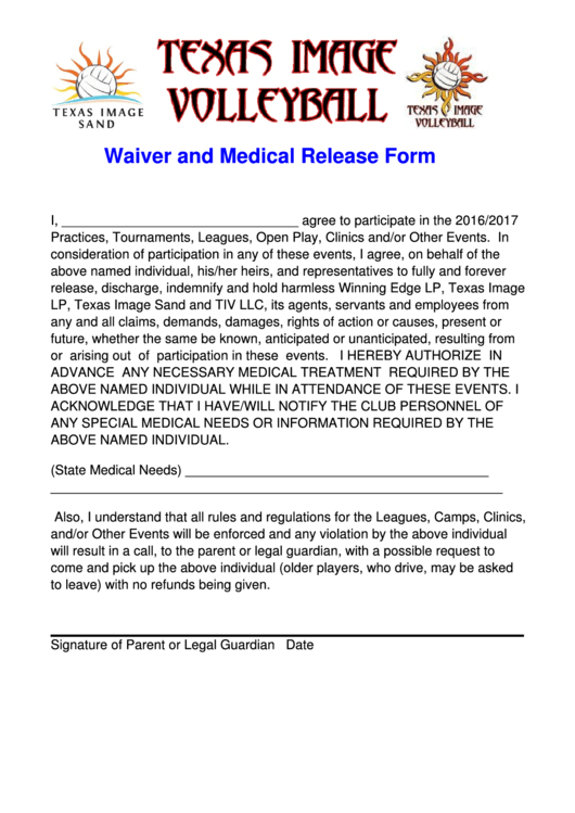 Waiver And Medical Release Form - Texas Image Sand Printable pdf