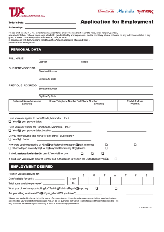 Application Form For Employment - Today Job Printable pdf