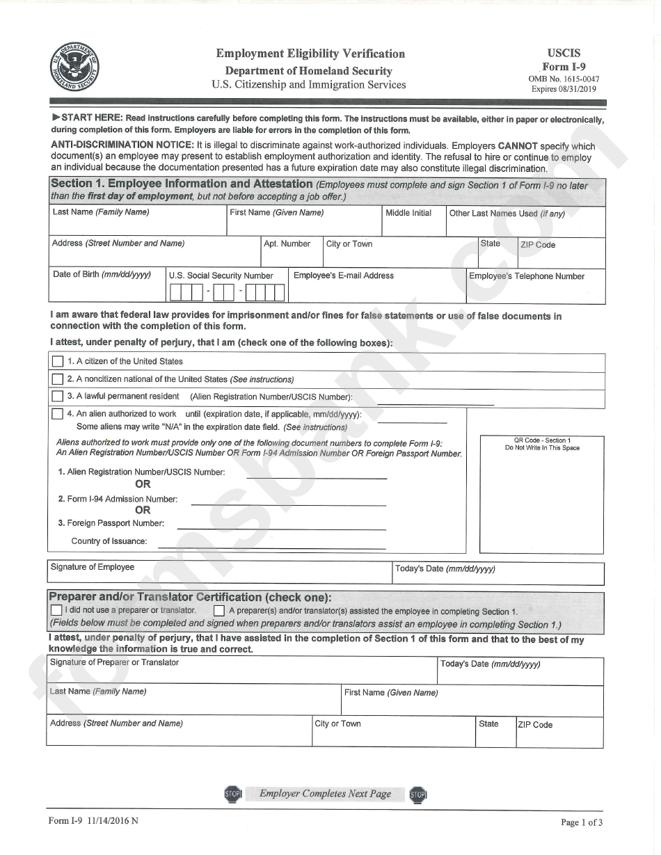 Department Of Homeland Security - Form I-9 Employment Eligibility Verification
