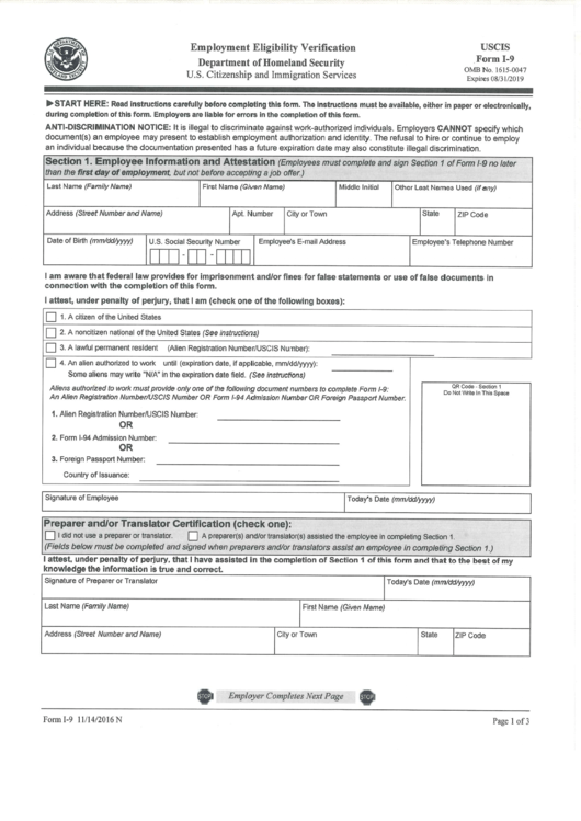 Department Of Homeland Security - Form I-9 Employment Eligibility Verification Printable pdf