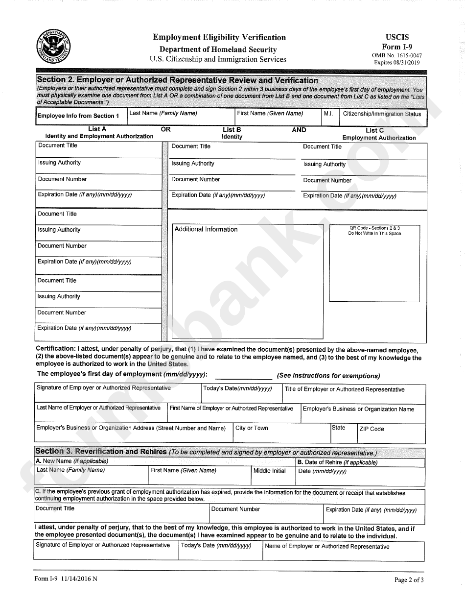 Department Of Homeland Security - Form I-9 Employment Eligibility Verification