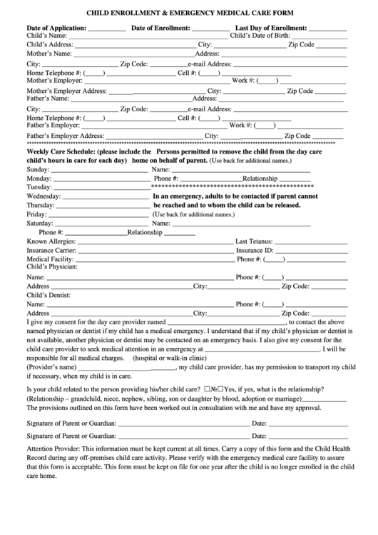 Child Enrollment & Emergency Medical Care Form Printable pdf