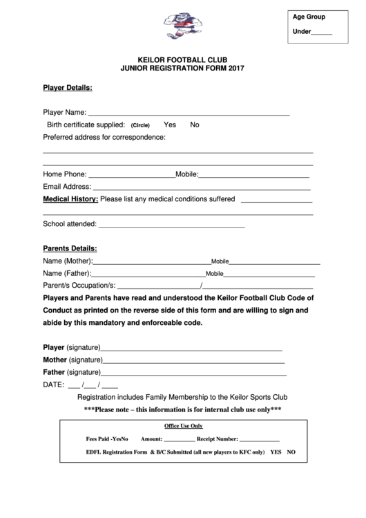 Keilor Football Club Junior Registration Form Printable pdf