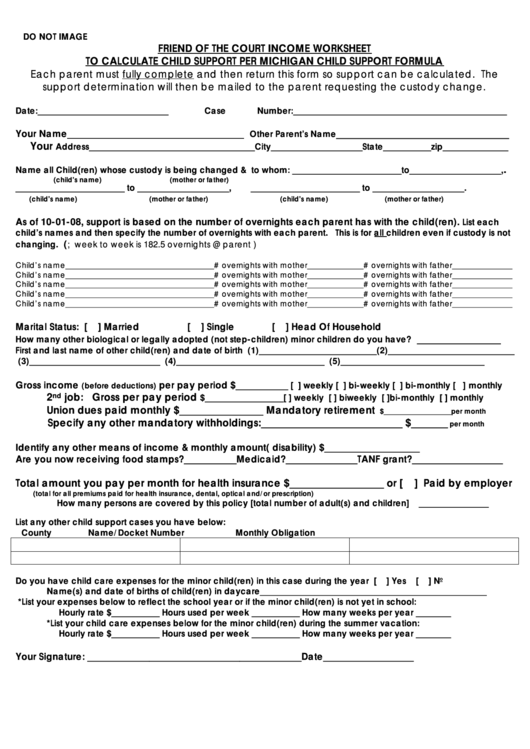Friend Of The Court Income Worksheet To Calculate Child Support Per Michigan Child Support Formula