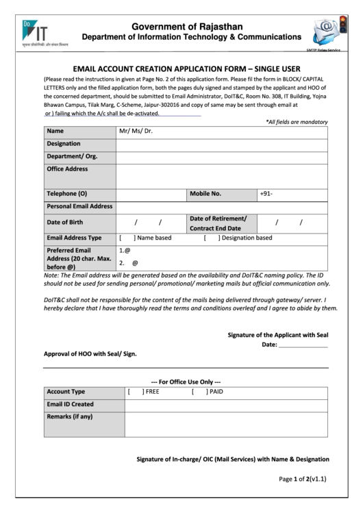 Government Of Rajasthan - Email Account Creation Application Form - Single User Printable pdf