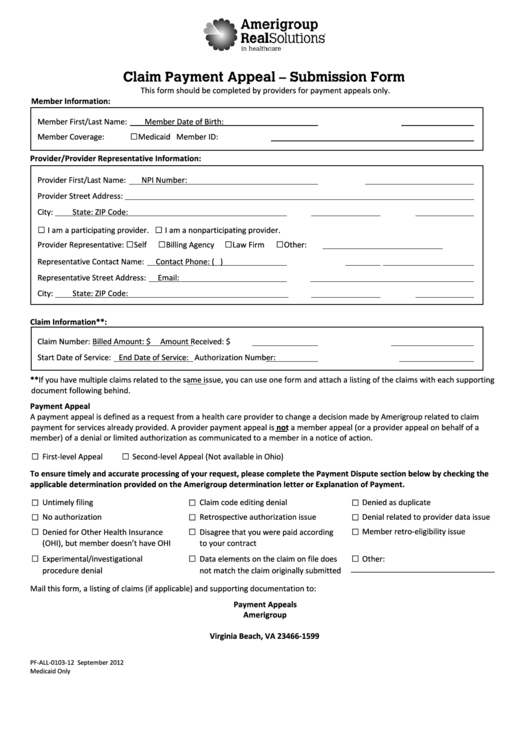 Claim Payment Appeal - Submission Form - Providers - Amerigroup Printable pdf