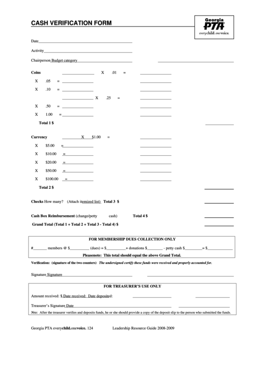 Cash Verification Form Printable pdf