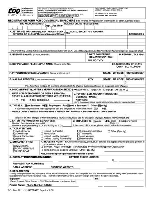 Fillable Form De 1 - Registration Form For Commercial Employers - 2012 Printable pdf