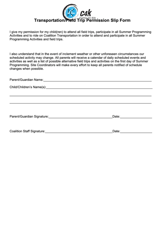 Transportation/field Trip Permission Slip Form Printable pdf