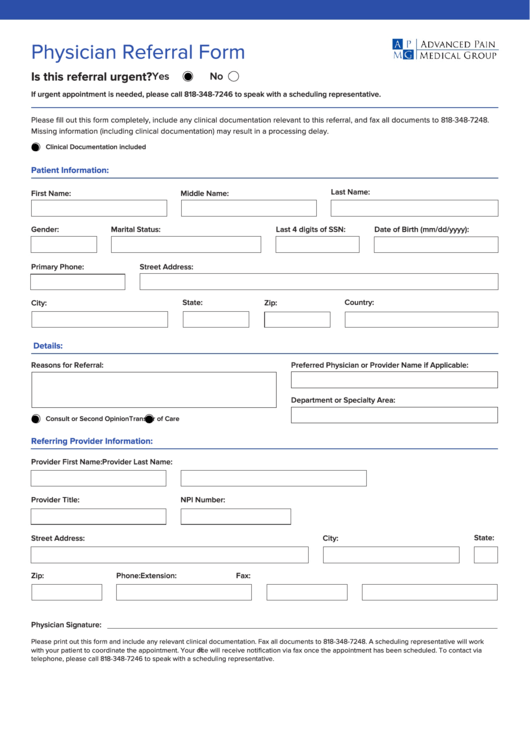 Physician Referral Form - Advanced Pain Medical Group Printable pdf