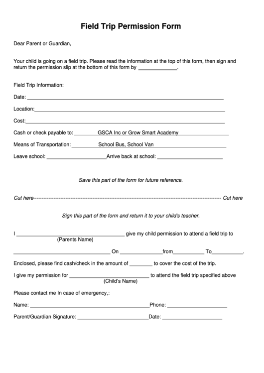 Field Trip Permission Form Sample Printable pdf